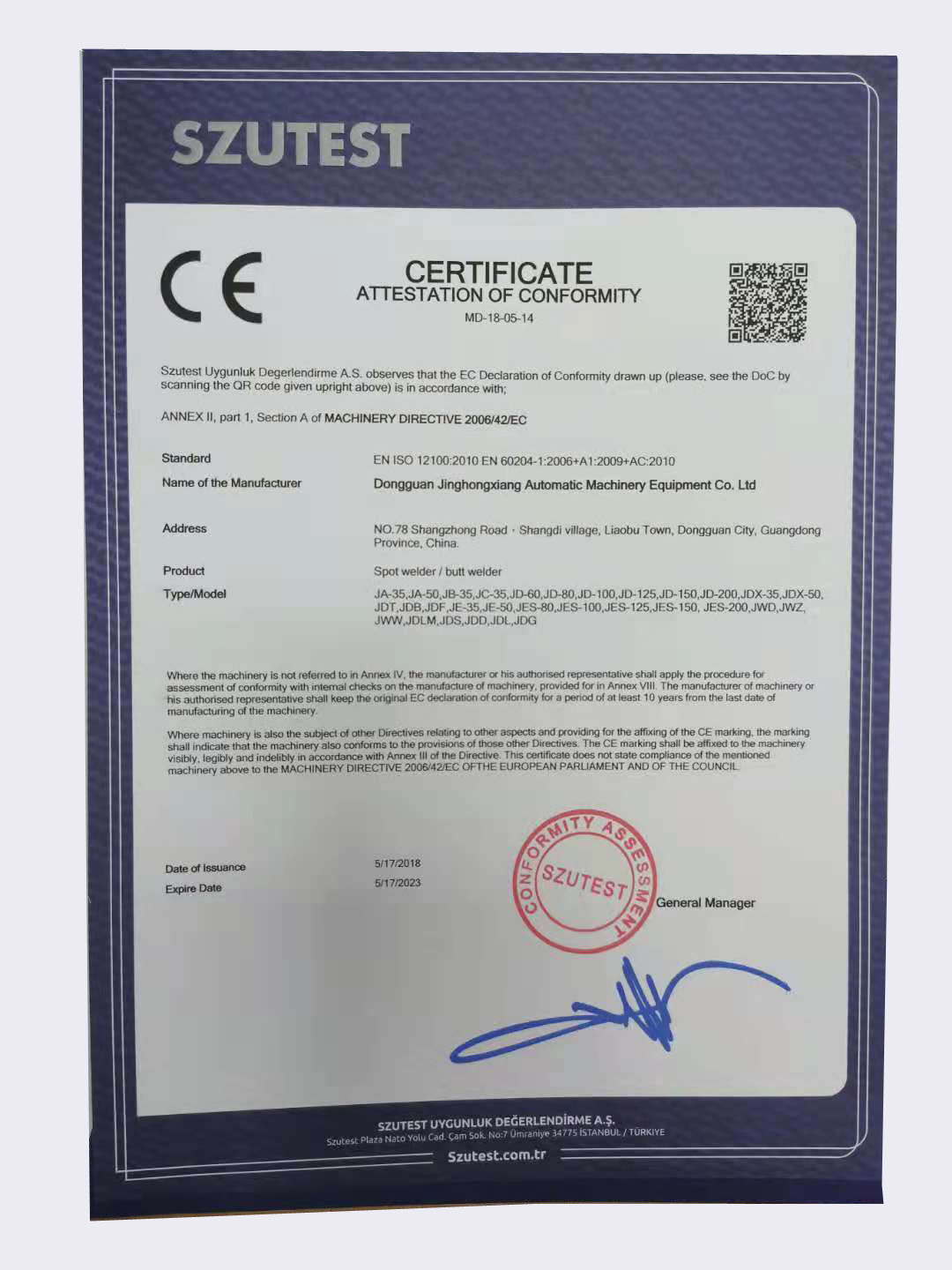 Cina Dongguan Jinghongxiang Automation Equipment Co., Ltd. Sertifikasi